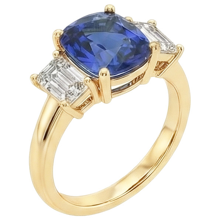 Bague Or Jaune 3 Pierres Coussin Saphir Ceylan & Diamants Naturels Extraits des Mines ( et non cultivés en laboratoire ) 9 Carats