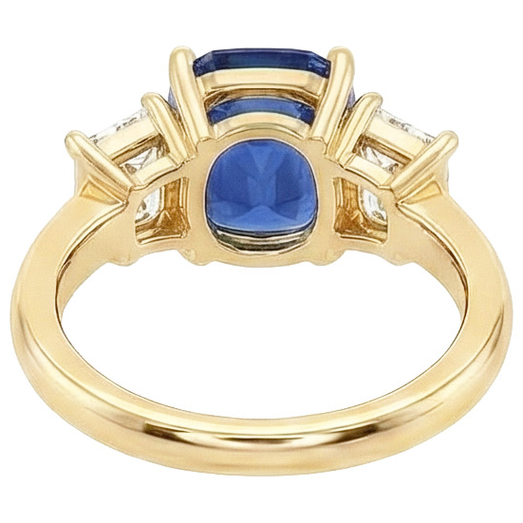 Bague Or Jaune 3 Pierres Coussin Saphir Ceylan & Diamants Naturels Extraits des Mines ( et non cultivés en laboratoire ) 9 Carats