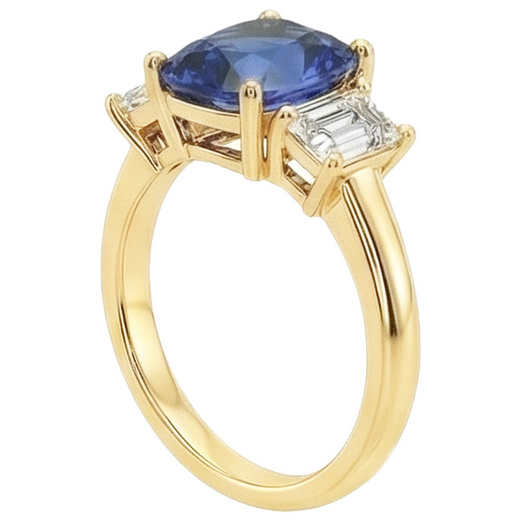 Bague Or Jaune 3 Pierres Coussin Saphir Ceylan & Diamants Naturels Extraits des Mines ( et non cultivés en laboratoire ) 9 Carats