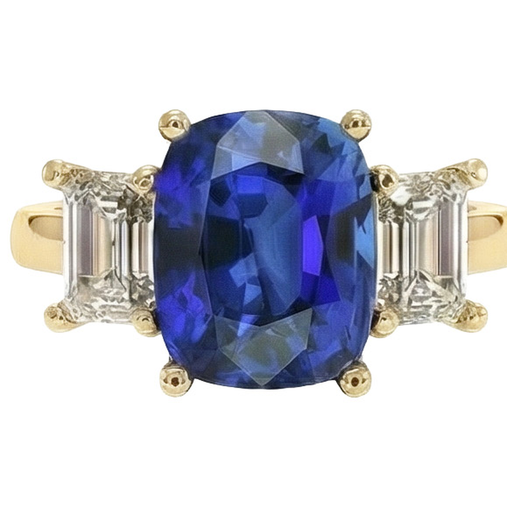 Bague Or Jaune 3 Pierres Coussin Saphir Ceylan & Diamants Naturels Extraits des Mines ( et non cultivés en laboratoire ) 9 Carats
