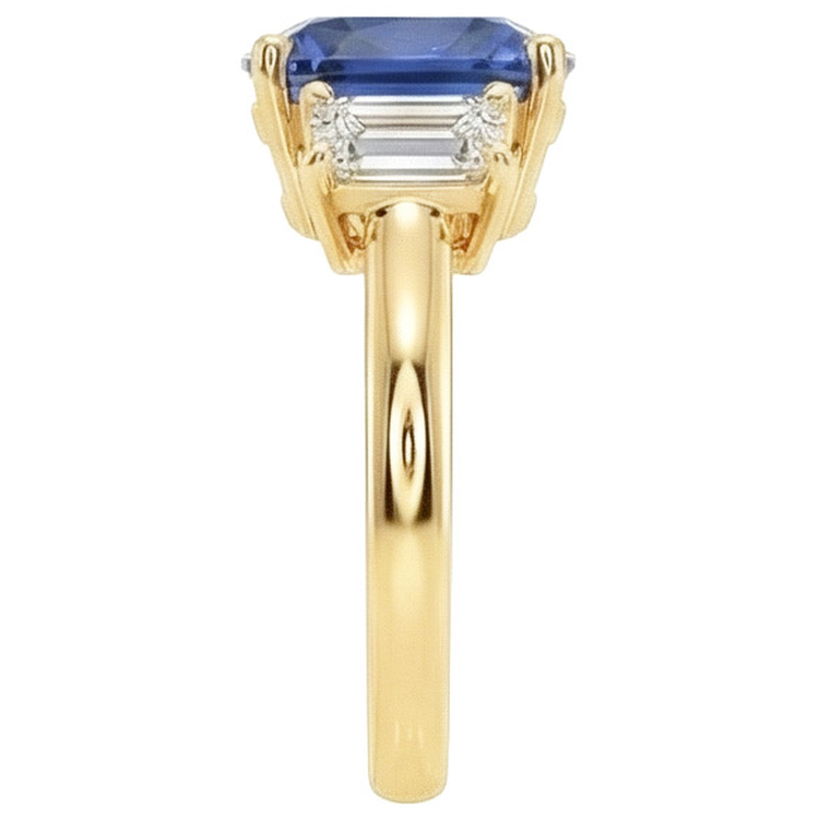 Bague Or Jaune 3 Pierres Coussin Saphir Ceylan & Diamants Naturels Extraits des Mines ( et non cultivés en laboratoire ) 9 Carats