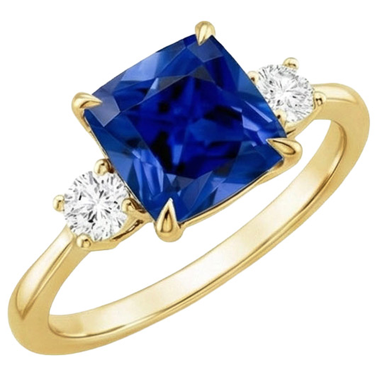 Bague Or Jaune 3 Pierres Diamant Naturels Extraits des Mines ( et non cultivés en laboratoire ) Et Coussin Saphir Bleu 2.50 Carats
