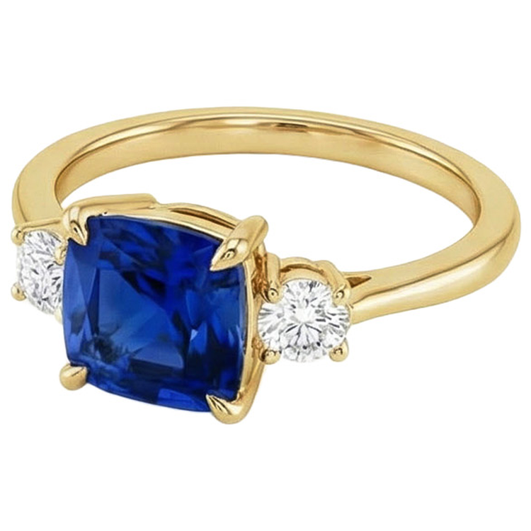 Bague Or Jaune 3 Pierres Diamant Naturels Extraits des Mines ( et non cultivés en laboratoire ) Et Coussin Saphir Bleu 2.50 Carats