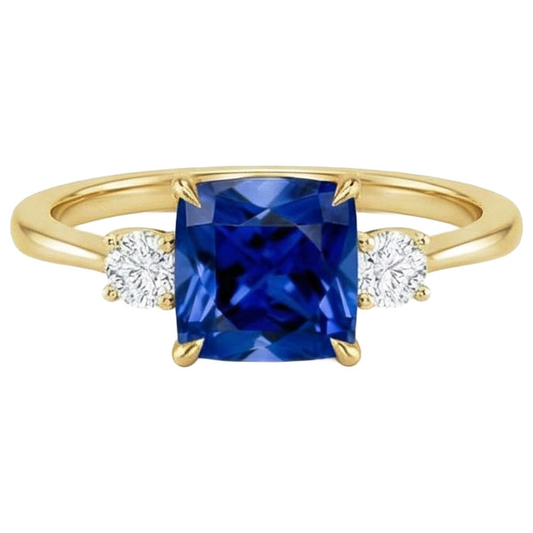Bague Or Jaune 3 Pierres Diamant Naturels Extraits des Mines ( et non cultivés en laboratoire ) Et Coussin Saphir Bleu 2.50 Carats