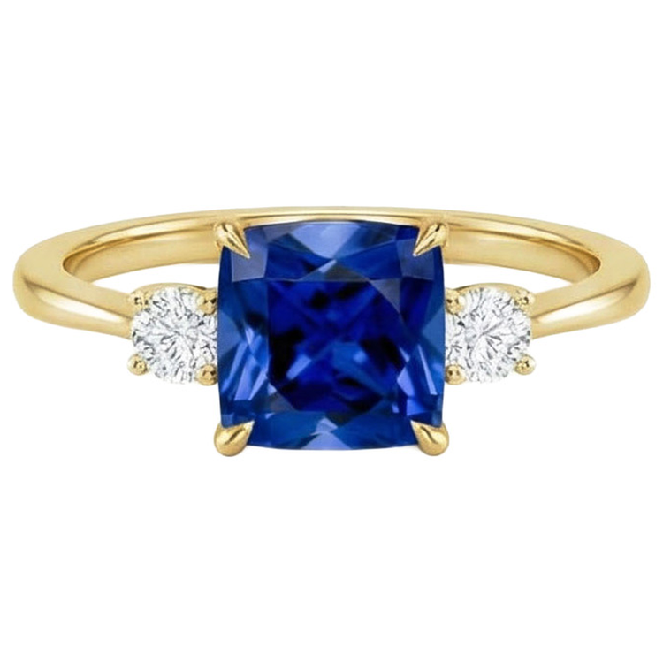 Bague Or Jaune 3 Pierres Diamant Naturels Extraits des Mines ( et non cultivés en laboratoire ) Et Coussin Saphir Bleu 2.50 Carats