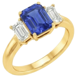 Bague Or Jaune 3 Pierres Saphir Bleu & Diamant Naturels Extraits des Mines ( et non cultivés en laboratoire ) 9 Carats