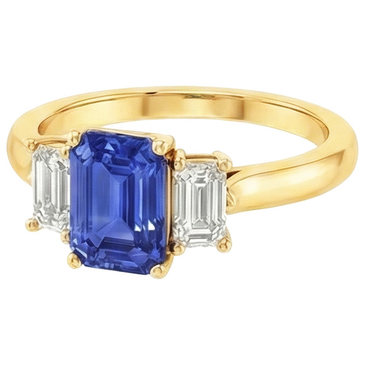 Bague Or Jaune 3 Pierres Saphir Bleu & Diamant Naturels Extraits des Mines ( et non cultivés en laboratoire ) 9 Carats