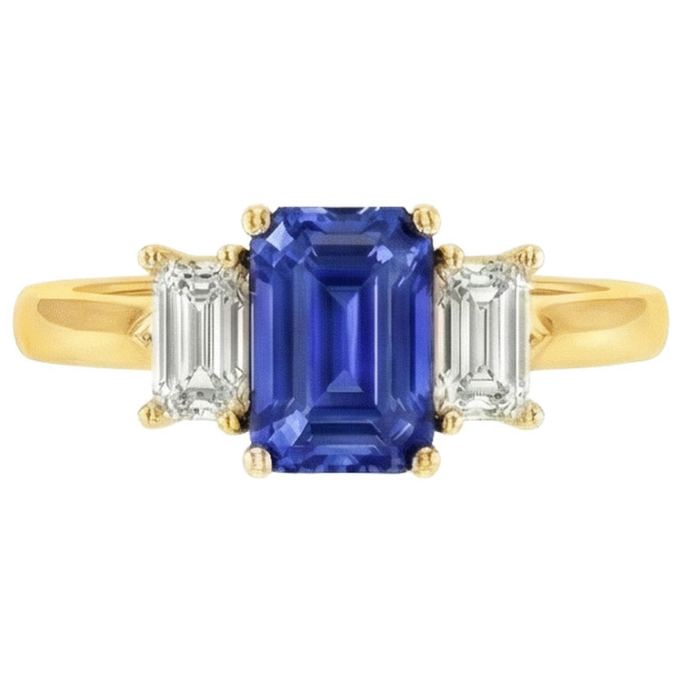 Bague Or Jaune 3 Pierres Saphir Bleu & Diamant Naturels Extraits des Mines ( et non cultivés en laboratoire ) 9 Carats