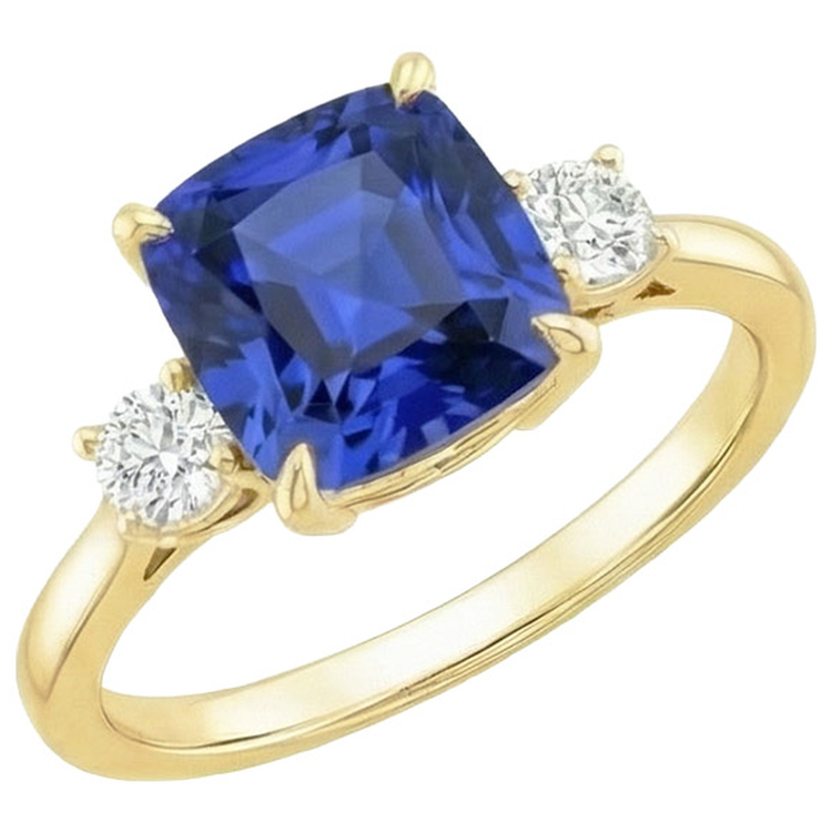 Bague Or Jaune Diamant Naturels Extraits des Mines ( et non cultivés en laboratoire ) Rond & Saphir Bleu Coussin 2.75 Carats Neuf