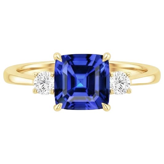 Bague Or Jaune Diamant Naturels Extraits des Mines ( et non cultivés en laboratoire ) Rond & Saphir Bleu Coussin 2.75 Carats Neuf