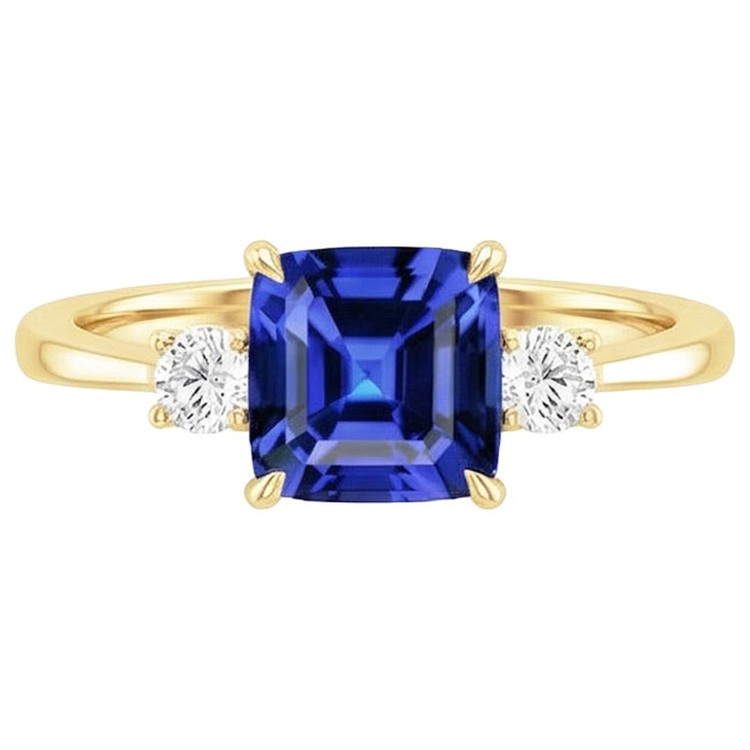 Bague Or Jaune Diamant Naturels Extraits des Mines ( et non cultivés en laboratoire ) Rond & Saphir Bleu Coussin 2.75 Carats Neuf