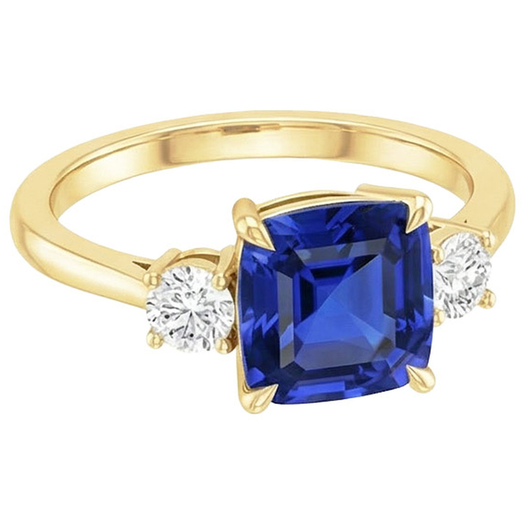 Bague Or Jaune Diamant Naturels Extraits des Mines ( et non cultivés en laboratoire ) Rond & Saphir Bleu Coussin 2.75 Carats Neuf