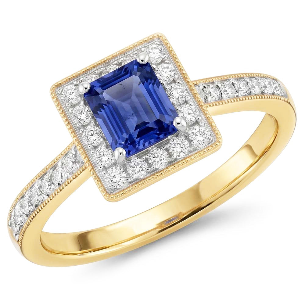 Bague Or Jaune Milligrain Diamant Halo Saphir de Ceylan 2 Carats