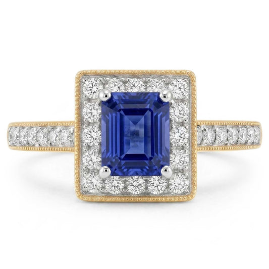 Bague Or Jaune Milligrain Diamant Halo Saphir de Ceylan 2 Carats