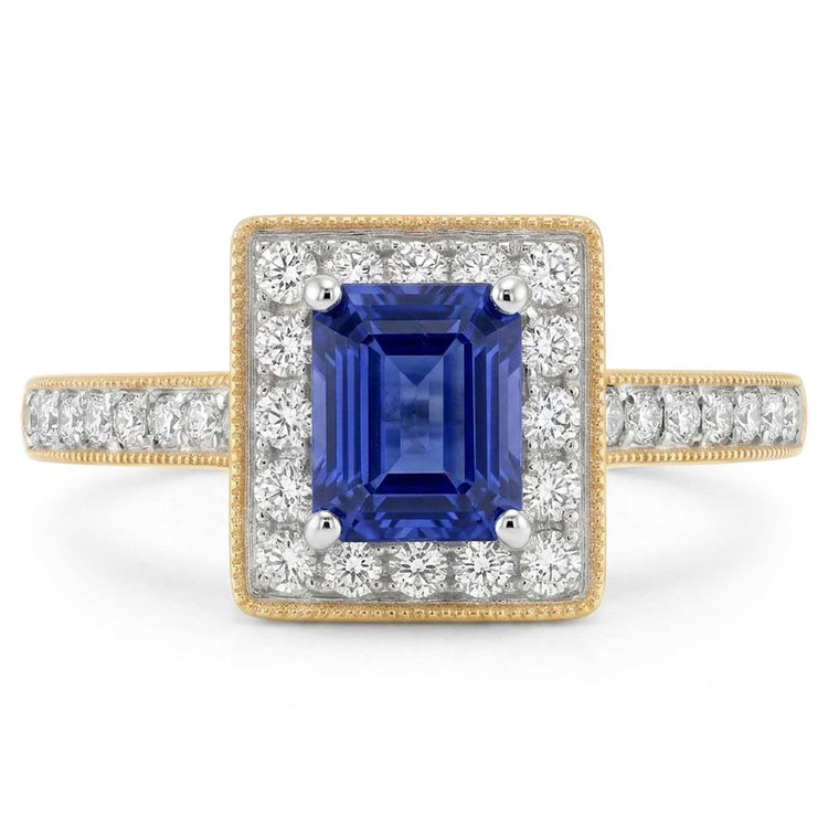 Bague Or Jaune Milligrain Diamant Halo Saphir de Ceylan 2 Carats