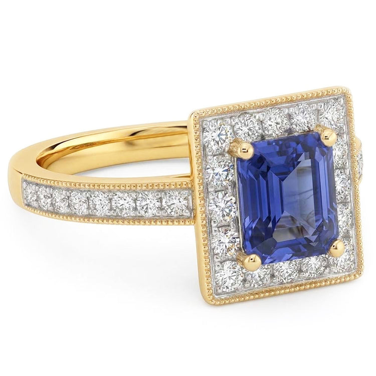 Bague Or Jaune Milligrain Diamant Halo Saphir de Ceylan 2 Carats