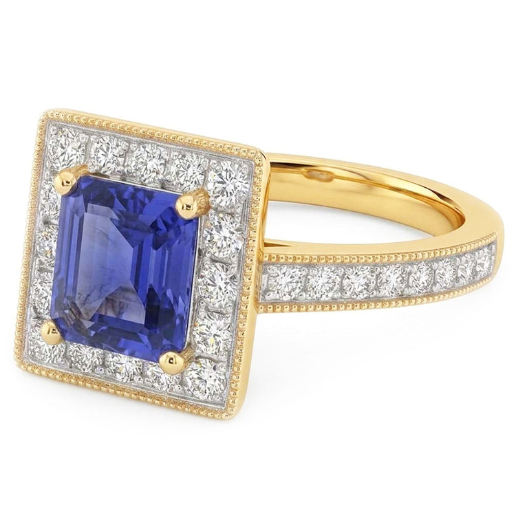 Bague Or Jaune Milligrain Diamant Halo Saphir de Ceylan 2 Carats