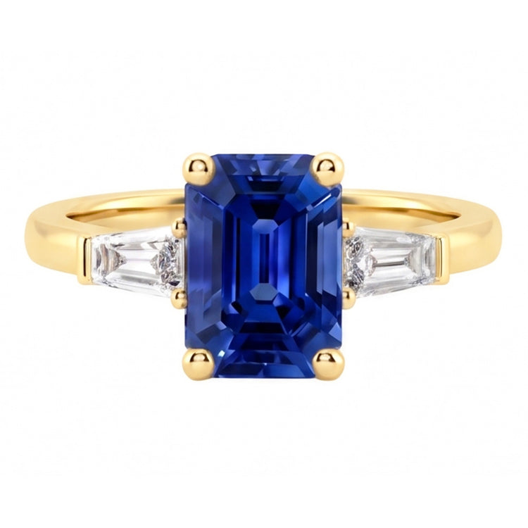 Bague Or Jaune Trois Pierres Saphir Bleu Emeraude 2.50 Carats