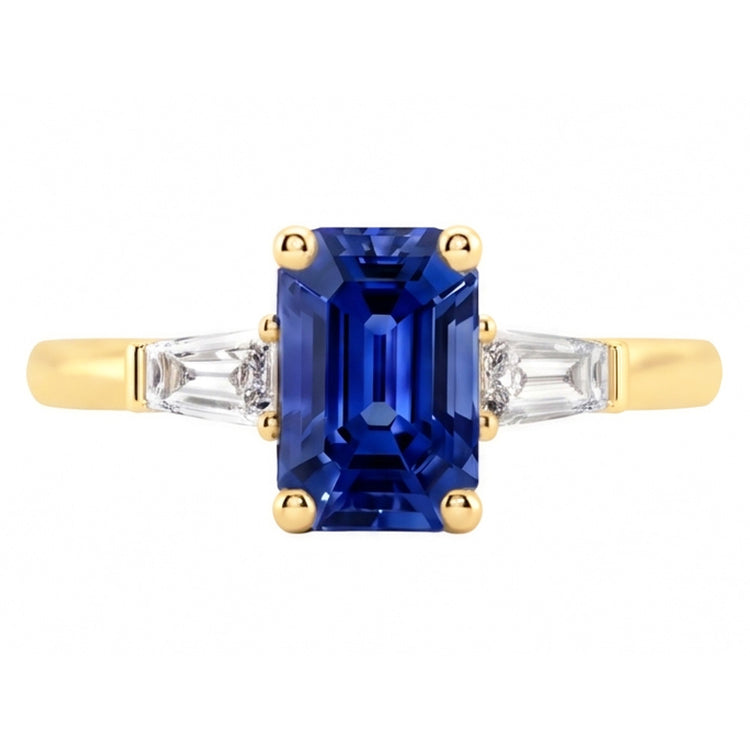 Bague Or Jaune Trois Pierres Saphir Bleu Emeraude 2.50 Carats