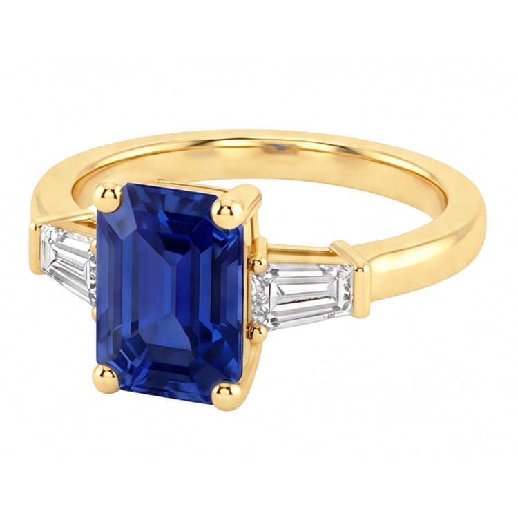 Bague Or Jaune Trois Pierres Saphir Bleu Emeraude 2.50 Carats