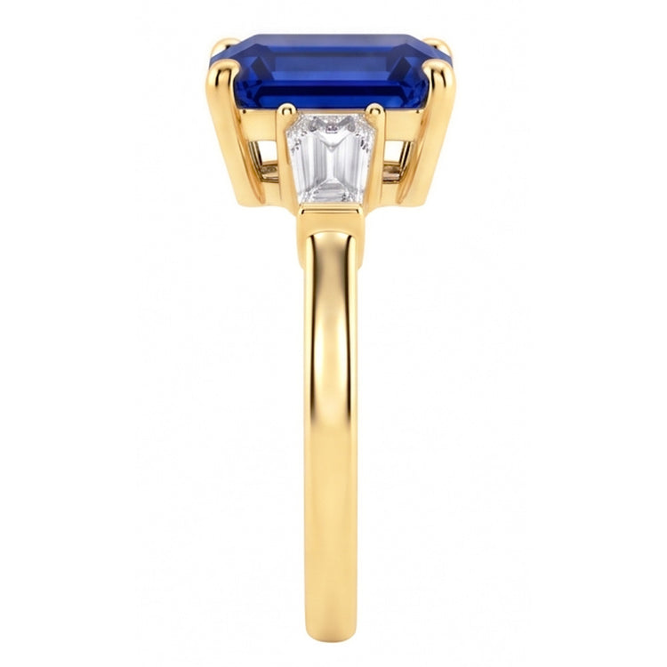 Bague Or Jaune Trois Pierres Saphir Bleu Emeraude 2.50 Carats