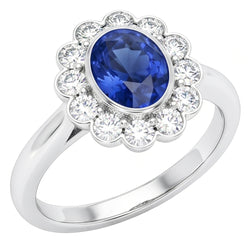 Bague Or Lunette Sertie Halo Saphir Ceylan Ovale Et Diamants Naturels Extraits des Mines ( et non cultivés en laboratoire ) 9.70 Carats