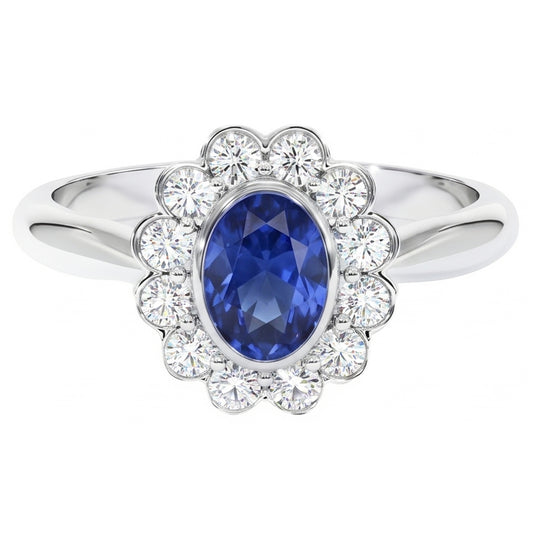 Bague Or Lunette Sertie Halo Saphir Ceylan Ovale Et Diamants Naturels Extraits des Mines ( et non cultivés en laboratoire ) 9.70 Carats