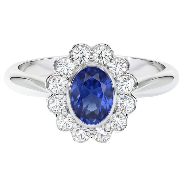 Bague Or Lunette Sertie Halo Saphir Ceylan Ovale Et Diamants Naturels Extraits des Mines ( et non cultivés en laboratoire ) 9.70 Carats