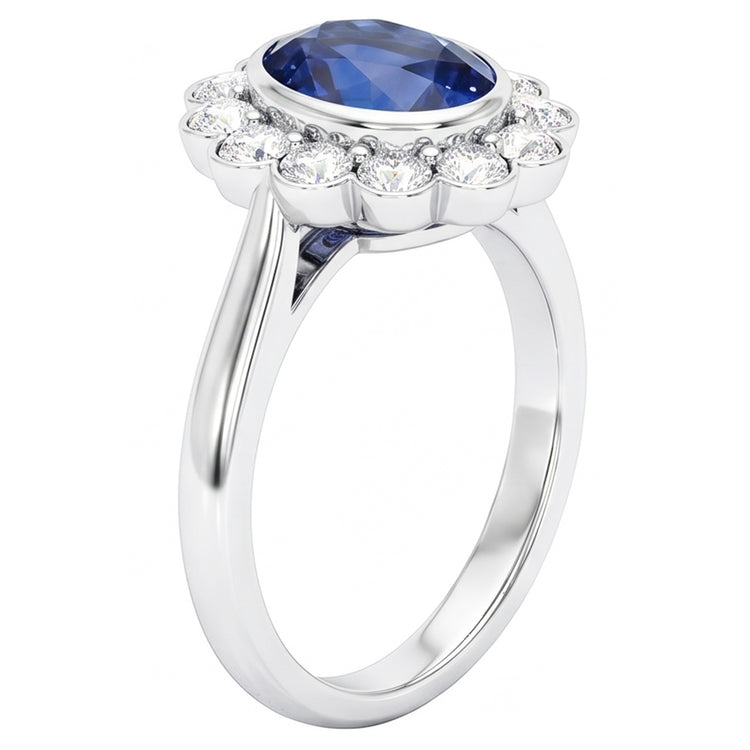 Bague Or Lunette Sertie Halo Saphir Ceylan Ovale Et Diamants Naturels Extraits des Mines ( et non cultivés en laboratoire ) 9.70 Carats
