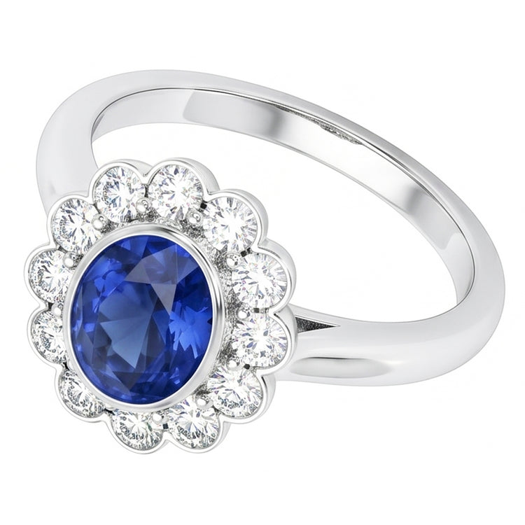 Bague Or Lunette Sertie Halo Saphir Ceylan Ovale Et Diamants Naturels Extraits des Mines ( et non cultivés en laboratoire ) 9.70 Carats