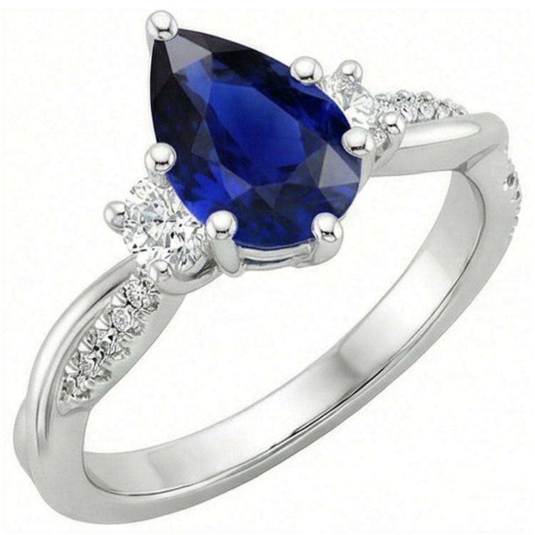 Bague Or Pierres Précieuses Poire Saphir Bleu & Diamants Naturels Extraits des Mines ( et non cultivés en laboratoire ) Ronds 5.50 Carats