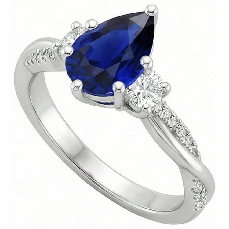 Bague Or Pierres Précieuses Poire Saphir Bleu & Diamants Naturels Extraits des Mines ( et non cultivés en laboratoire ) Ronds 5.50 Carats
