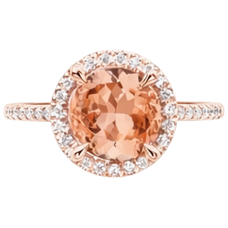 Bague Or Rose 14K 9 Carats Morganite Ronde Et Diamants Naturels Extraits des Mines ( et non cultivés en laboratoire ) Neuf