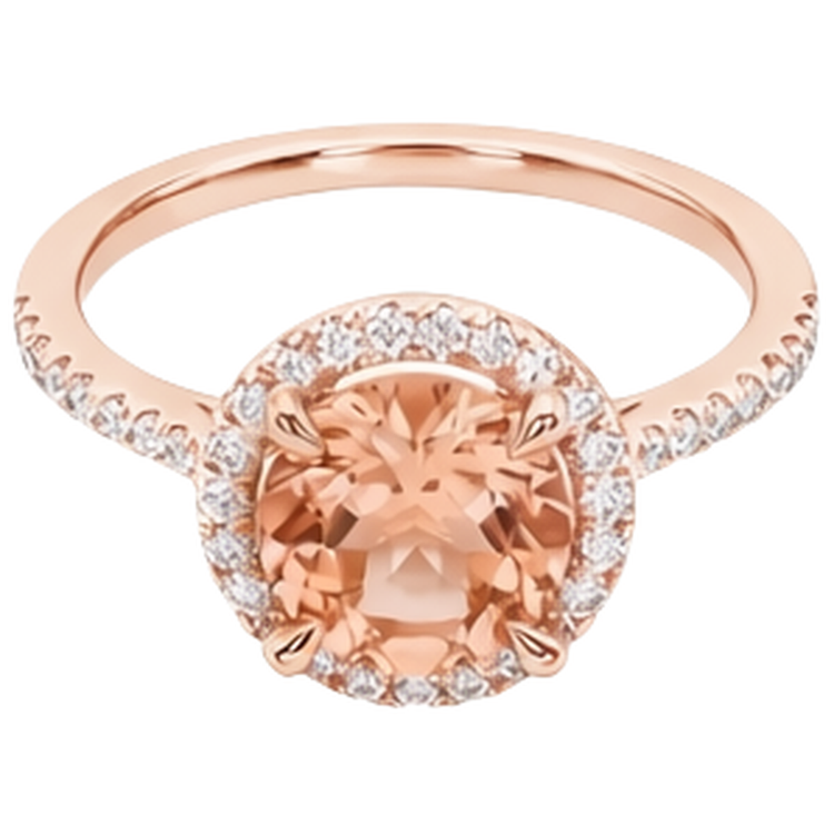 Bague Or Rose 14K 9 Carats Morganite Ronde Et Diamants Naturels Extraits des Mines ( et non cultivés en laboratoire ) Neuf
