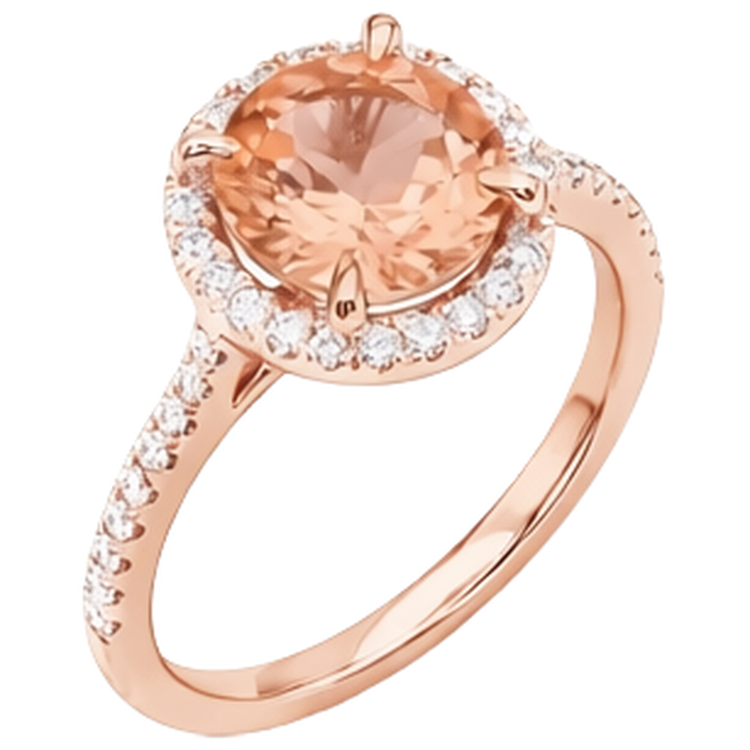 Bague Or Rose 14K 9 Carats Morganite Ronde Et Diamants Naturels Extraits des Mines ( et non cultivés en laboratoire ) Neuf