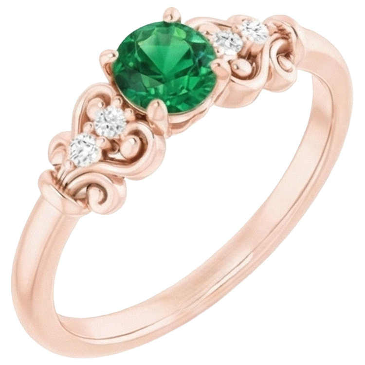 Bague Or Rose 14K Diamant Naturels Extraits des Mines ( et non cultivés en laboratoire ) Rond Émeraude Verte 1.40 Carats