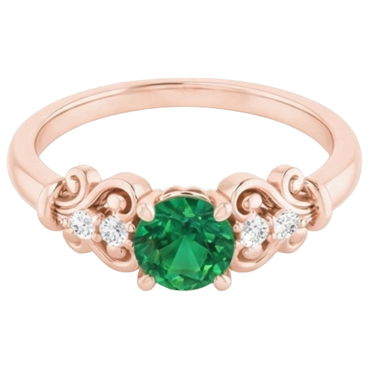 Bague Or Rose 14K Diamant Naturels Extraits des Mines ( et non cultivés en laboratoire ) Rond Émeraude Verte 1.40 Carats
