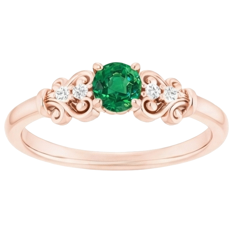Bague Or Rose 14K Diamant Naturels Extraits des Mines ( et non cultivés en laboratoire ) Rond Émeraude Verte 1.40 Carats