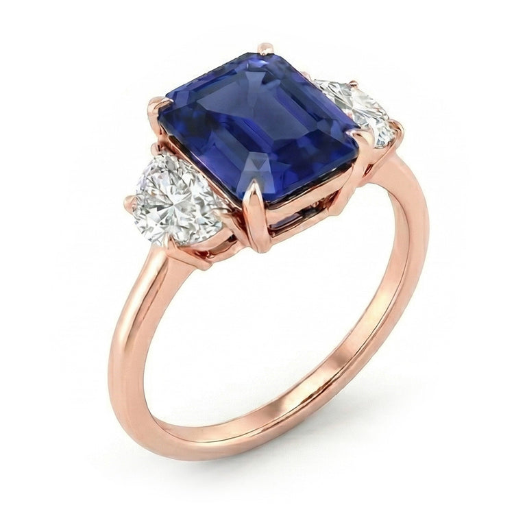 Bague Or Rose Emeraude Saphir 3 Pierres Diamants Demi Lune 4 Carats