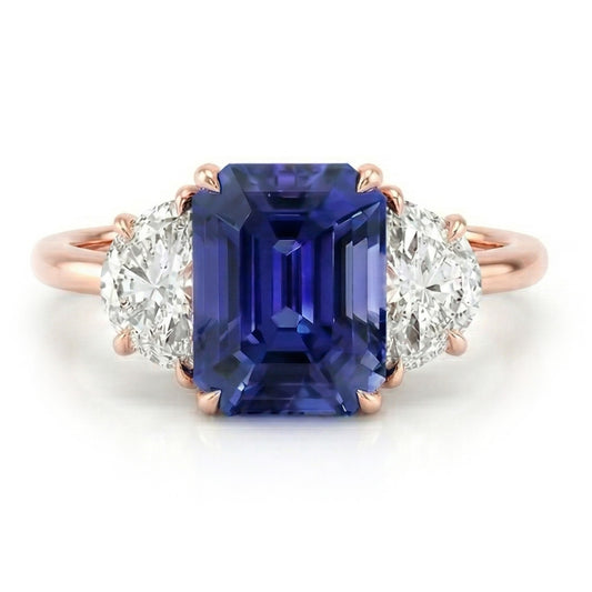 Bague Or Rose Emeraude Saphir 3 Pierres Diamants Demi Lune 4 Carats