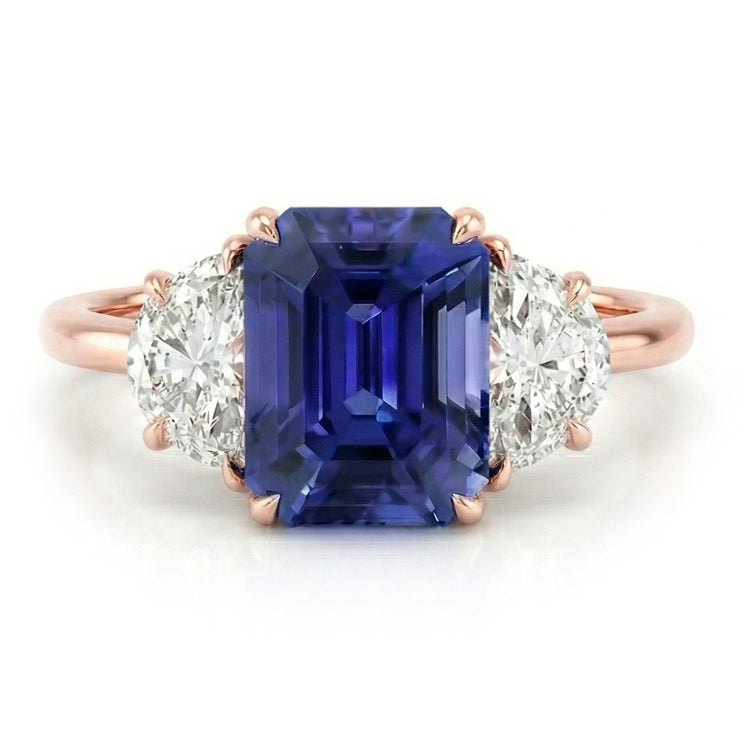 Bague Or Rose Emeraude Saphir 3 Pierres Diamants Demi Lune 4 Carats