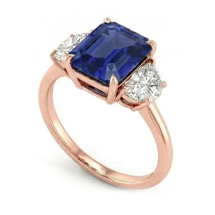 Bague Or Rose Emeraude Saphir 3 Pierres Diamants Demi Lune 4 Carats