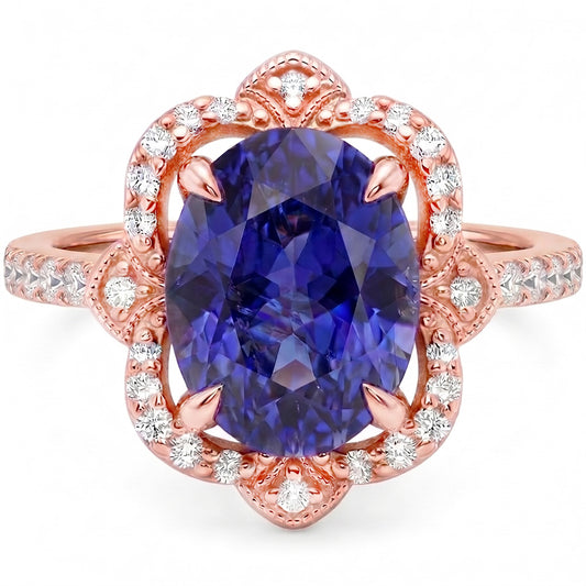 Bague Or Rose Saphir Bleuet Bleu Roi