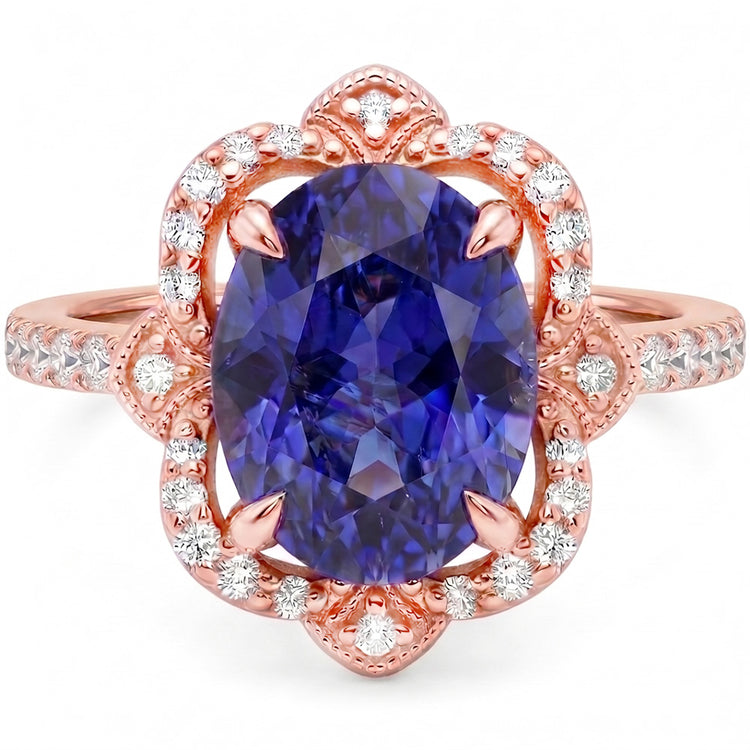 Bague Or Rose Saphir Bleuet Bleu Roi