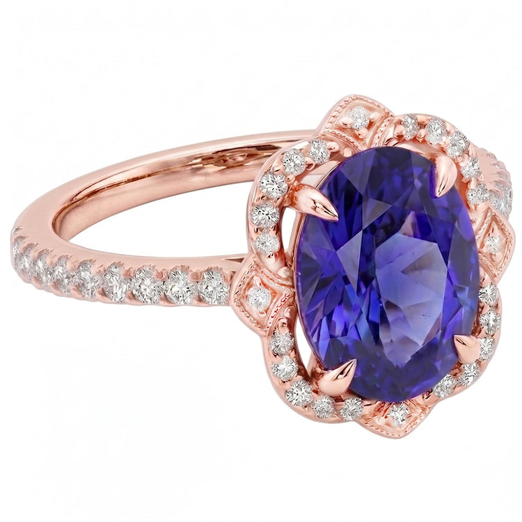 Bague Or Rose Saphir Bleuet Bleu Roi