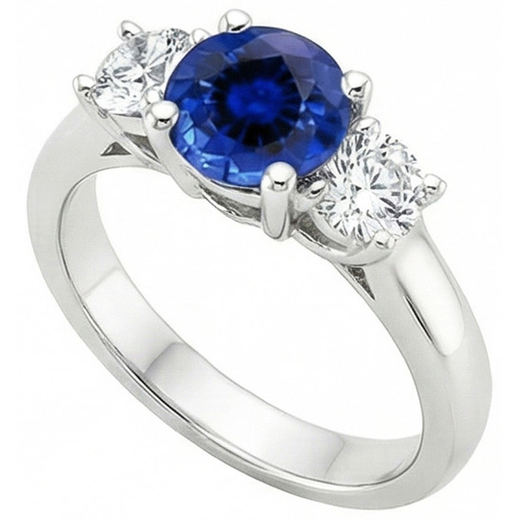 Bague Or Trois Pierres Ronde Saphir De Ceylan Et Diamants Naturels Extraits des Mines ( et non cultivés en laboratoire ) 3 Carats