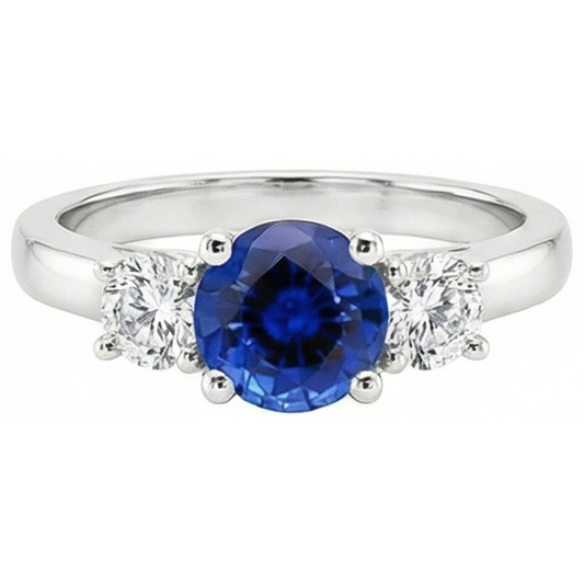 Bague Or Trois Pierres Ronde Saphir De Ceylan Et Diamants Naturels Extraits des Mines ( et non cultivés en laboratoire ) 3 Carats