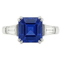 Bague Or Trois Pierres Saphir Asscher 2.50 Carats Diamants Baguette