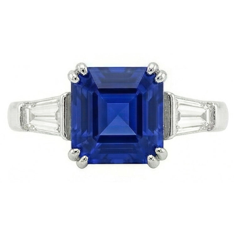 Bague Or Trois Pierres Saphir Asscher 2.50 Carats Diamants Baguette
