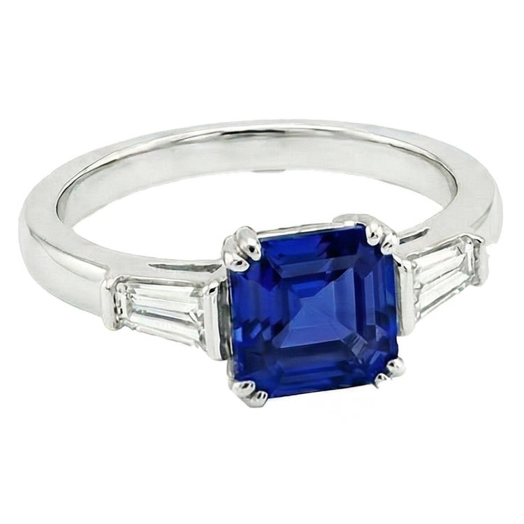 Bague Or Trois Pierres Saphir Asscher 2.50 Carats Diamants Baguette